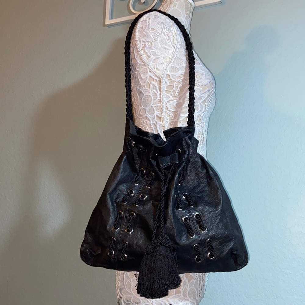 EUC SHIH by Stephanie Lin Black Leather drawstring Shoulder Bag